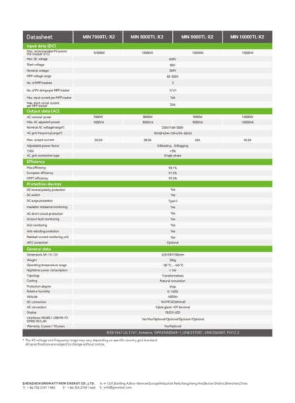 Datasheet Inverter Growatt 10kW 1 pha